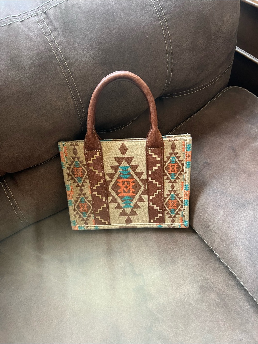 Southwestern Pattern Brown Tote Bag with Turquoise and Orange Accents